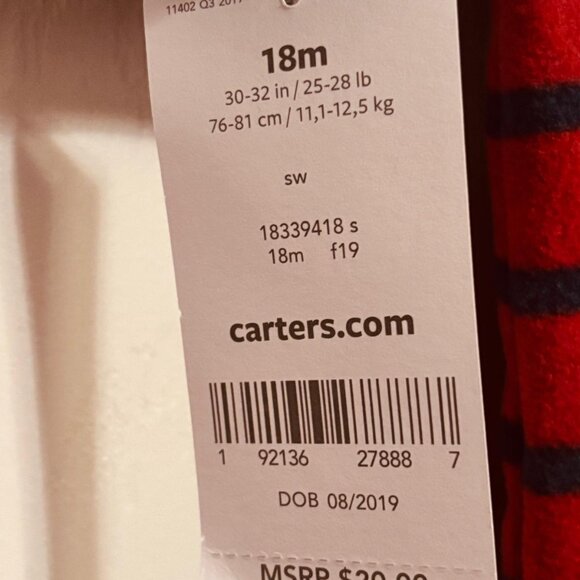 Carter’s Baby Footed Fleece Sleeper Red Penguin Striped 18 Months - Picture 8 of 8